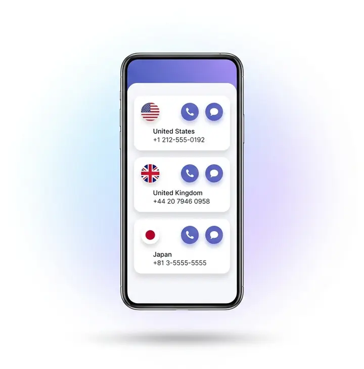 Close-up of the Arynto app showing a list of phone lines by country