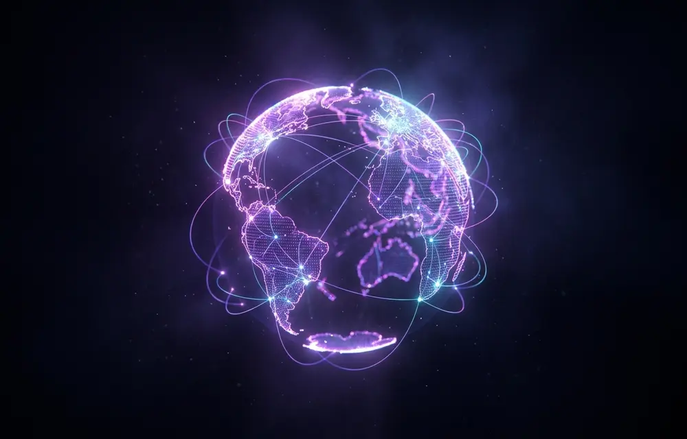 A glowing globe of light with connection arcs sweeping between countries