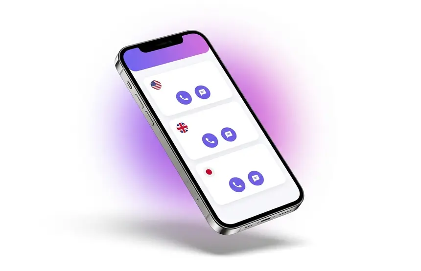 The Arynto app on a phone, showing lines from the US, UK and Japan with call and message buttons
