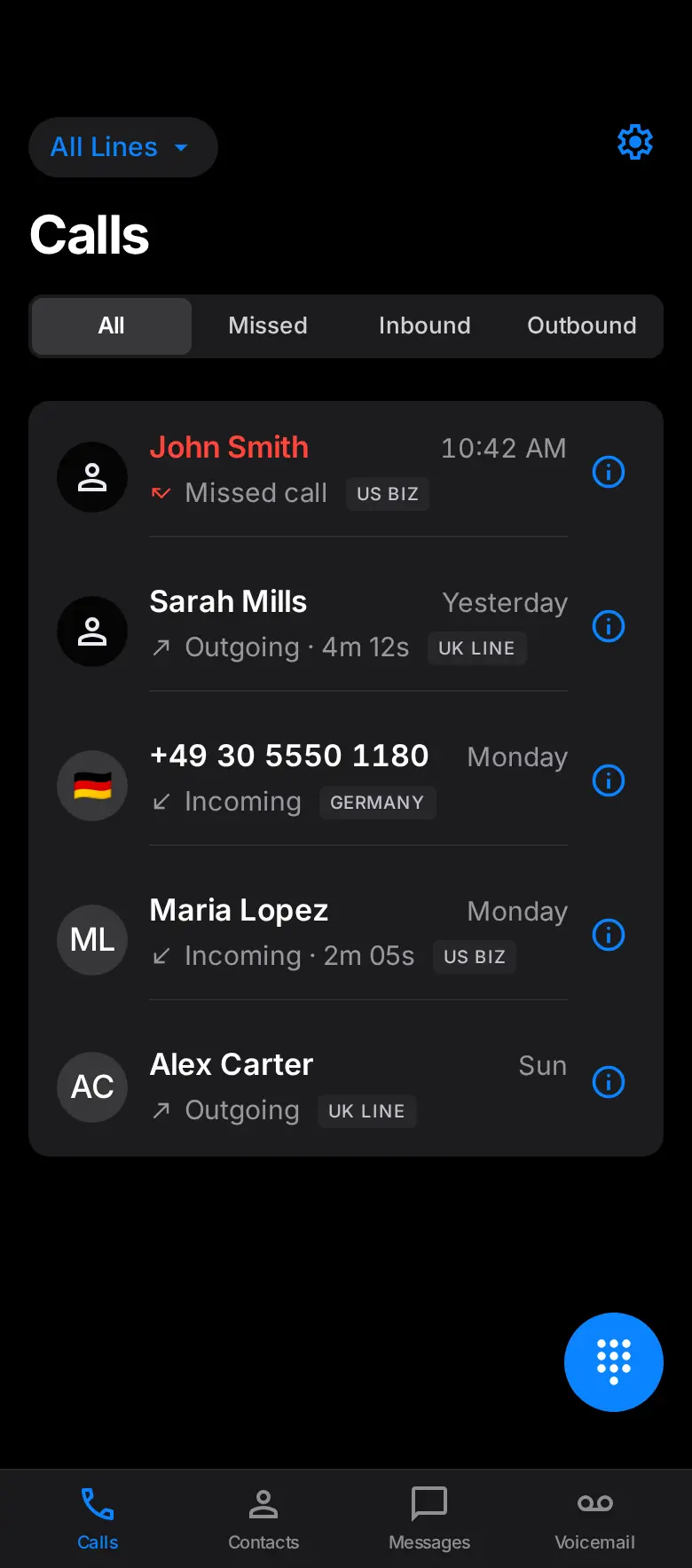 Arynto Calls screen in dark mode