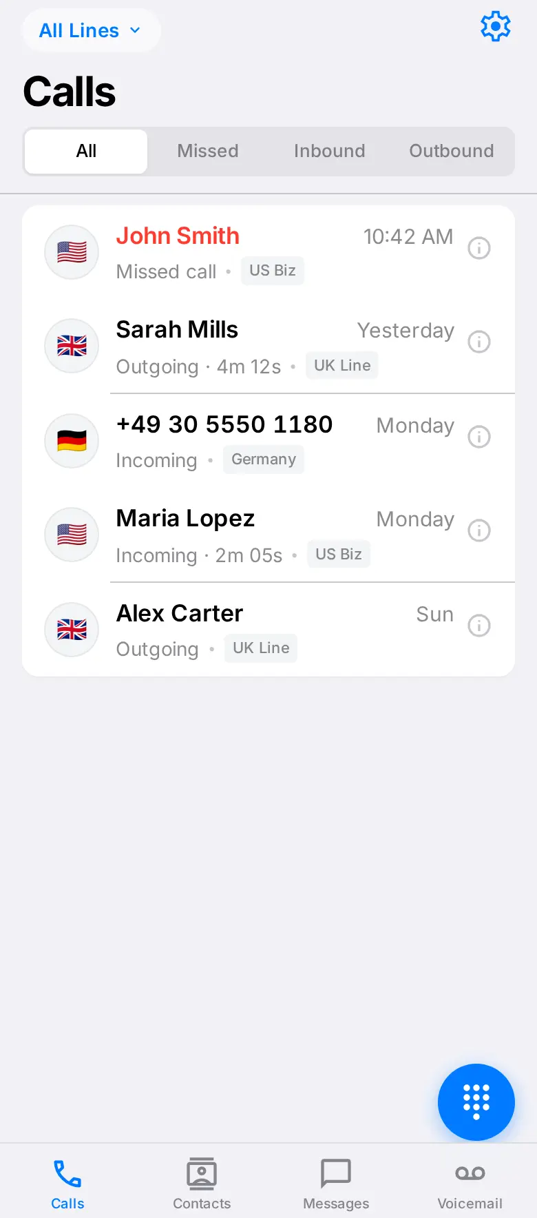 Arynto Calls screen in light mode