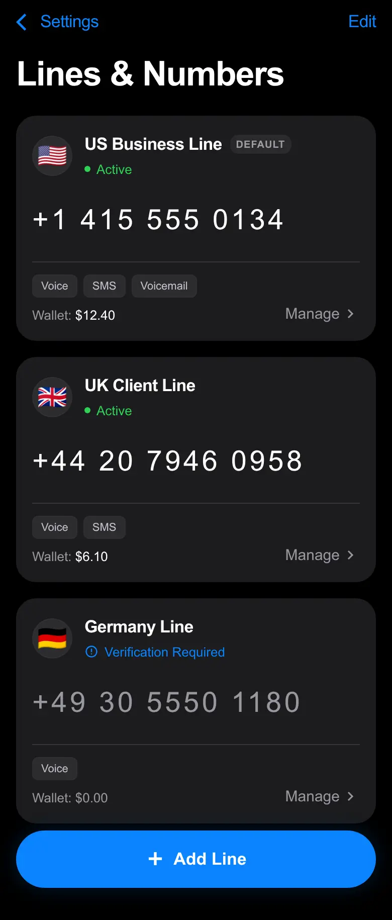 Arynto Lines & Numbers — wallet-style cards for each phone line with status, capabilities and balance