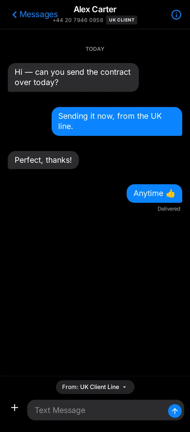 Arynto Messages — a conversation tagged with its line and a From-line selector in the composer